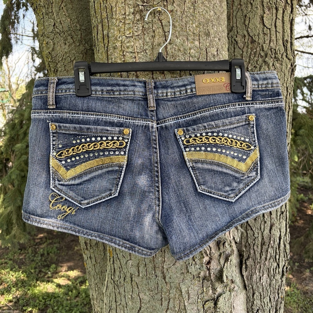 Coogi Shorts Womens 34/14 Blue Bling Y2k Micro Embroidered Cut Off 3" Streetwear